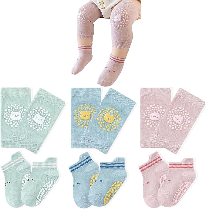 TFTSR Baby Knee Pads for Crawling (3 Pairs) and Baby Socks for Walking (3 Pairs), Walking Protector for Toddler Kid Girls Boy