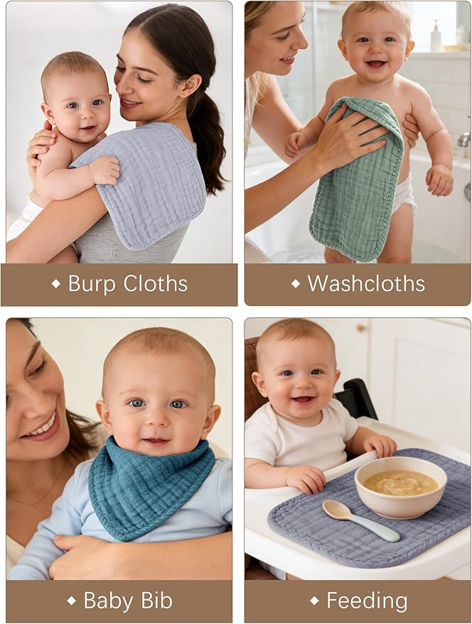 Lovely Care 12 Pack Muslin Burp Cloths 100% Cotton Muslin Cloths Large 20''x10'' Extra Soft and Absorbent Baby Burping Cloth - Slate, Navy & Grey