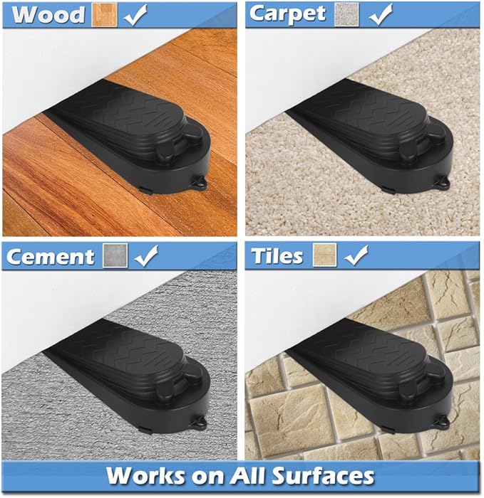 4-Pack Premium Door Stoppers with 2-in-1 Soft Rubber & Hard Plastic Design - Heavy Duty Wedge Stops for Floor Gaps, Child & Finger Safety, Fits Carpet/Tile/Hardwood Floors (Black)