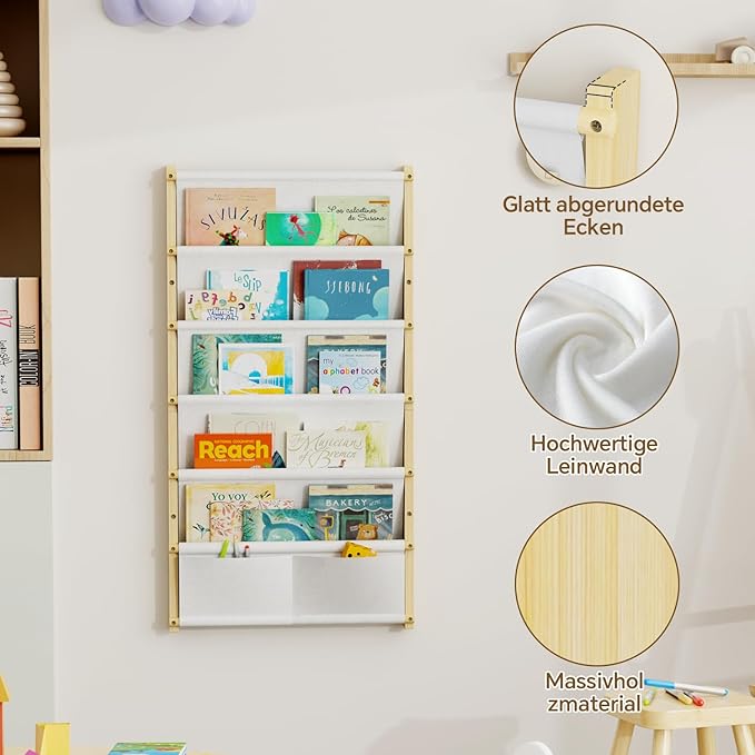 Wood 6-Tier Wall Mounted Kids Bookshelf – Floating Book Shelf For Kids Rooms,Nursery & Classroom, Hanging Bookcase Organizer For Books,Toddler Book Shelf, Montessori Bookshelf, Nursery Shelves (Small)