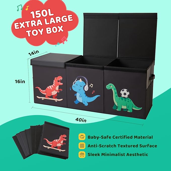 Uniency Extra Large Toy Box,150L Sturdy Dinosaur Collapsible Storage with Lid,40"x14"x16" Kids Storage Organizer,Chest Bin Baskets for Boys Girls,for Nursery,Bedroom,Playroom,Living Room,Toybox(Black)