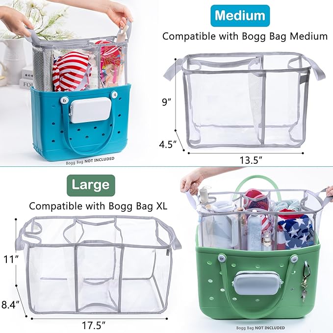 Clear Beach Bag Organizer Insert with 3pcs Accessories for Medium Bogg Bag Inserts -Beach Tote Bag Divider with Sunglasses Holder, Phone Holder and Clips Hooks - Beach Tote Insert Organizer Liner