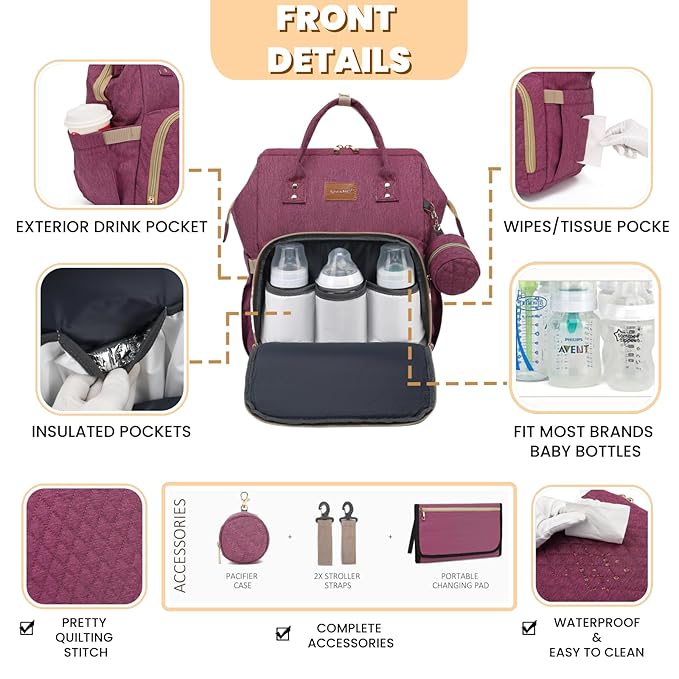 ROSEGIN Diaper Bag Backpack with Changing Pad, Pacifier Case, Baby Bag for Boy Girl Toddler - Large, Stylish, Waterproof Travel Quilted Diaper Bag for Mom - Baby Shower - Purple