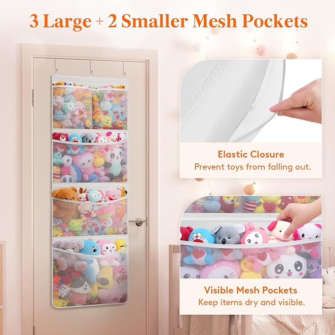 Lifewit Stuffed Animal Storage, Over the Door Organizer with 5 Expandable Mesh Pockets, Breathable Oxford Fabric Hanging Kid Baby Plush Toy Holder for Nursery, 167 cm (65.8'') High, White, 1 Pack
