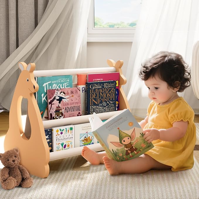 Lullulii Double Sided Kids Bookshelf – 2 Tier Portable Toddler Bookshelf, Book Shelf for Kids Rooms & Playroom, Cute Kangaroo Design Wooden Montessori Baby Bookshelf,Toddler Book Display Shelves,Brown