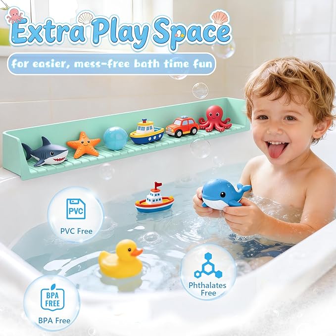 Splash Guard for Bathtub, Silicone Bathtub Splash Guard with Suction Cups, Bath Toys Holder Shelf, Bath Tub Side Tray for Bathroom Storage and Water Spill Prevention, Green