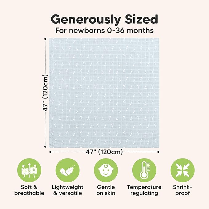 4-Pack Muslin Swaddle Blankets for Boys, Girls - Organic Baby Swaddles for Newborns, Soft & Breathable Receiving Baby Blankets for Girl, Boy, Neutral, Newborn Essentials Gift (Bloom)