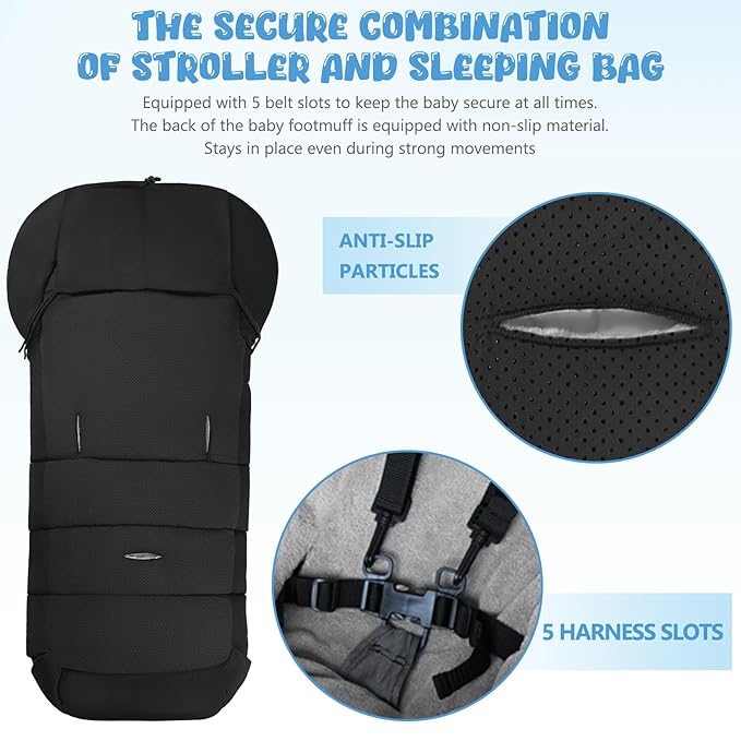 Universal Baby Footmuff for Strollers,Stroller Cover for Winter with Hooded Design,Waterproof and Windproof Winter Sleeping Bag with Coral Fleece Lining, Baby Bunting Bags for Most Strollers (BLACK)