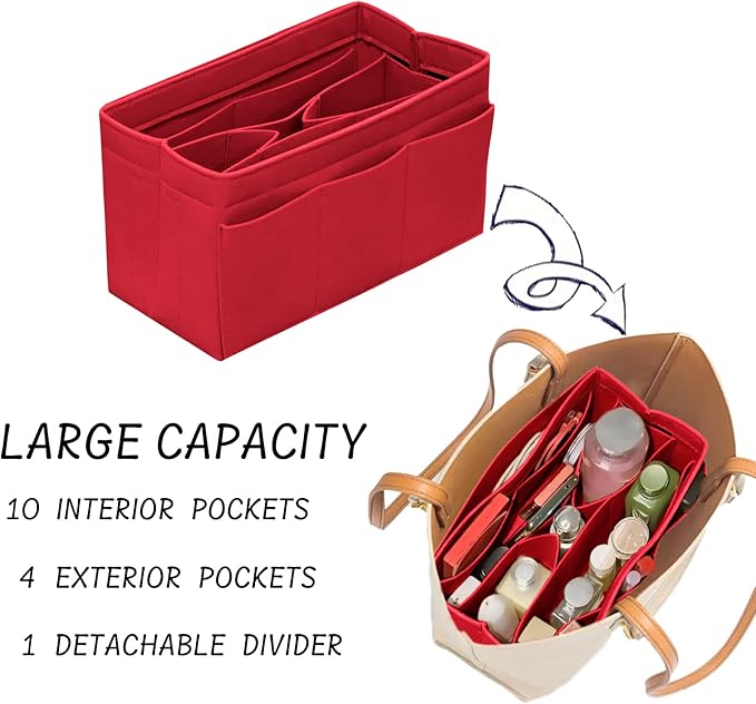 Purse Organiser with Zip, Key Ring, Felt Bag, Organiser, Handbag Organiser, with Key Chain for Bag, Suitable for LV Speedy Neverfull Longchamp, Red, Large