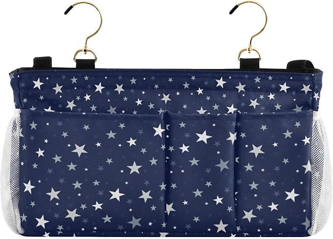 Bedside Caddy Hanging Bunk Bed Caddy Bed Organizer Hanging Pocket with 2 Hooks Bedside Storage Organizer Pocket Bag Holder Stars Dark Blue