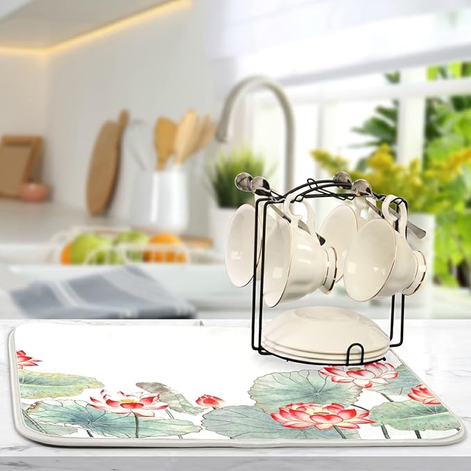 Absorbent Dish Drying Mat for Kitchen Counter - Watercolor Lotus Microfiber Drying Pad, Reversible Drainer Mats for Countertop, Large 18" x 24"