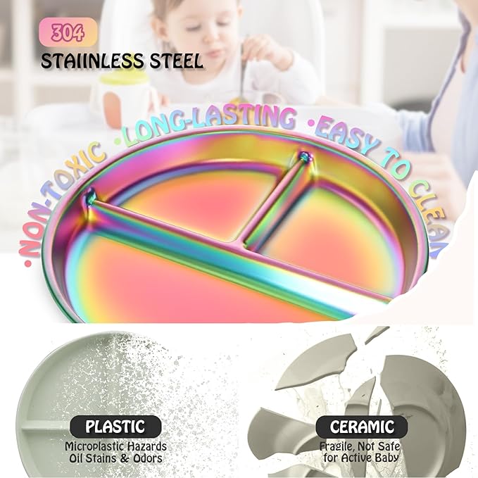 Bakpoco 9" Stainless Steel Toddler Plates Set of 4, Divided Plate for Kids & Baby, Non Toxic Unbreakable Dishes Dinnerware Adults Portion Control Snack Container, Colorful Meal Time Chums