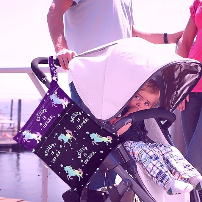 visesunny Believe in Unicorn 2Pcs Wet Bag with Zippered Pockets Washable Reusable Roomy Diaper Bag for Travel,Beach,Daycare,Stroller,Diapers,Dirty Gym Clothes,Wet Swimsuits,Toiletries