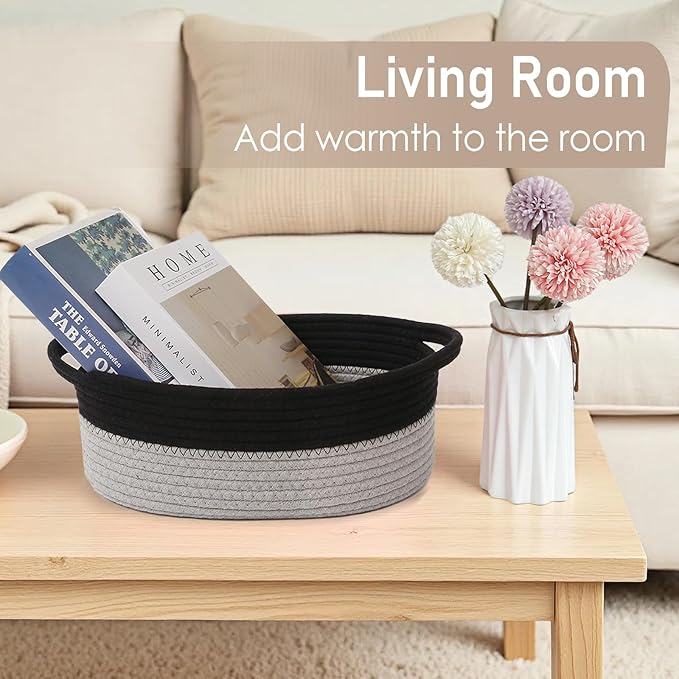 JMvicyroam Woven Basket,Small Rope Storage Bin with Handles & Ribbon Bag, Organizer for Shelves Closets,Gift Basket Empty for Birthday,Books,Dog Toys, Black&Grey/3 Pack