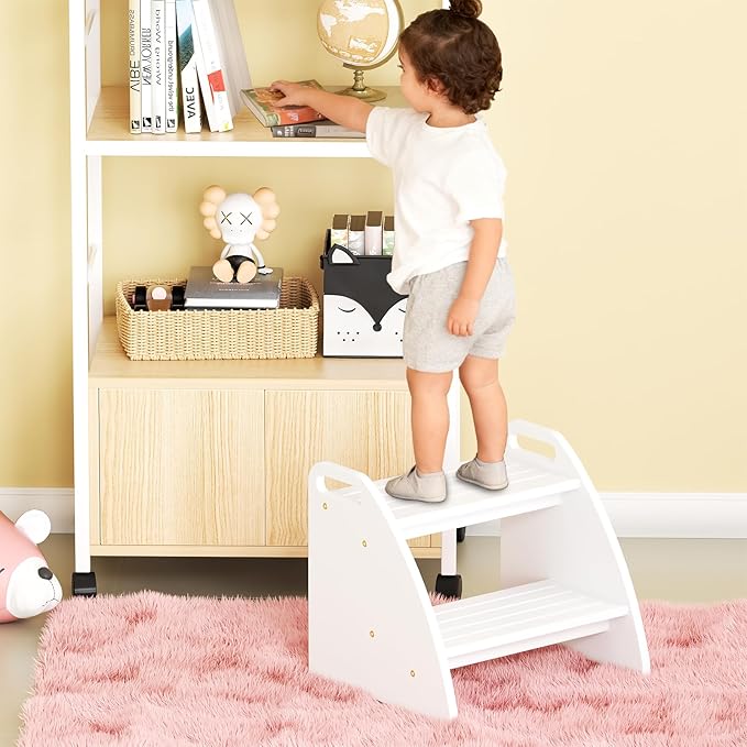 Step Stool for Toddlers, Two Stepping Stool Toddler 300lbs Capacity, with Non-Slip Handles and Pads,White Kids Step Stool for Bathroom Sink, Perfect Natural Wooden Step Stool for Kitchen