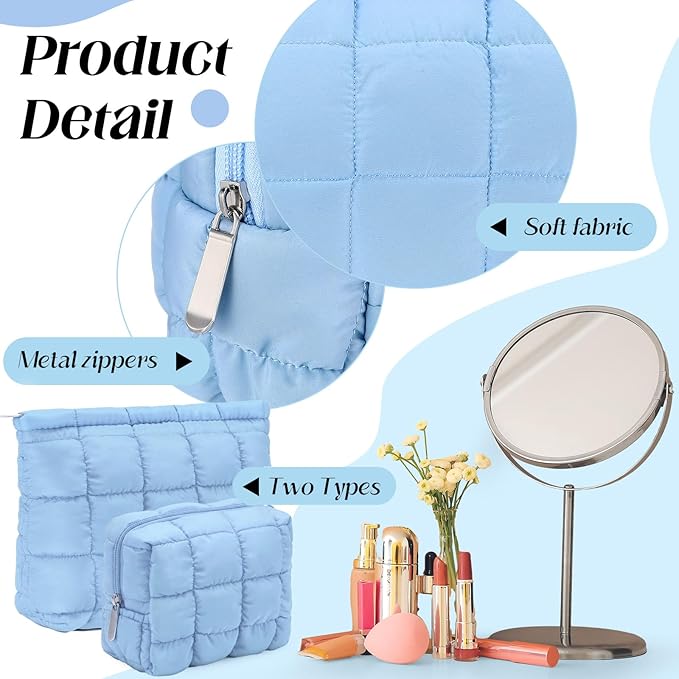 2 Pcs Puffy Makeup Bag Quilted Cosmetic Pouch for Women Cute Checkered Travel Toiletry Bag Puffer Makeup Organizer Purse Pouch Preppy Pencil Case with Zipper(Blue)