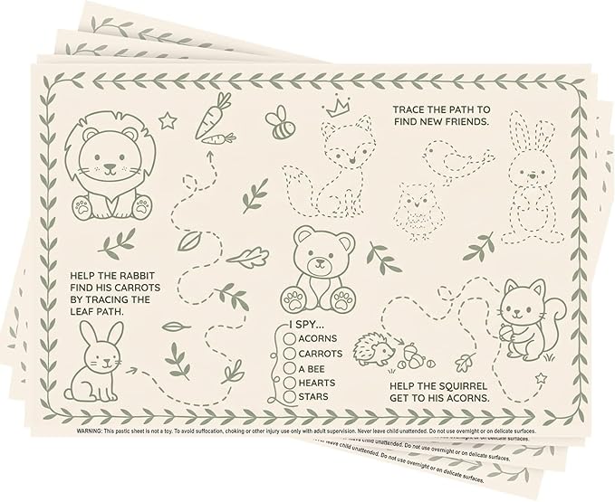 Disposable Baby Placemats (40 Pack) Stick-On Toddler Placemats for Restaurants and Travel Eye Spy Activity Fine Motor Skills Mess-Free Table Mats for Babies and Kids