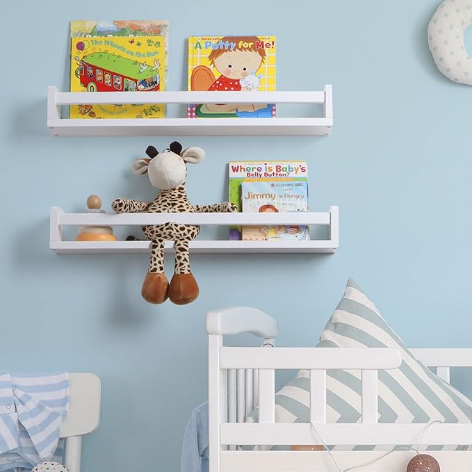 Fun Memories Nursery Book Shelves, 24Inch Floating Shelf for Wall, Wall Bookshelf for Kids Solid Wood Wall Mounted Shelves for Books,Toys and Decor Storage, Set of 2