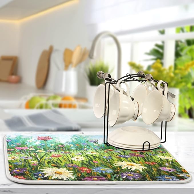 Absorbent Dish Drying Mat for Kitchen Counter - Oil Painting Flowers Microfiber Drying Pad, Reversible Drainer Mats for Countertop, Small 16" x 18"
