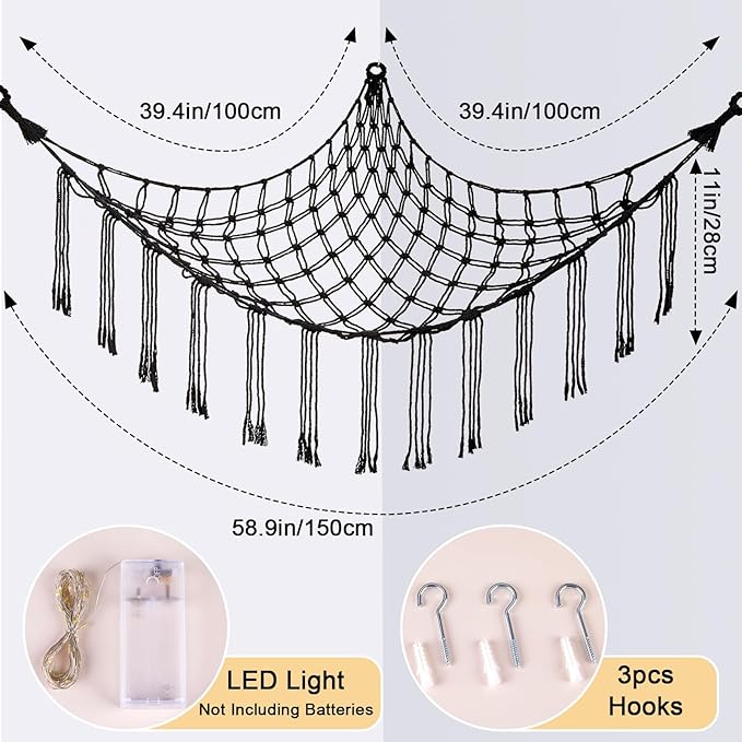 Basumee Stuffed Animals Net or Hammock with LED Light, Hanging Stuffed Animals Storage Toy Hammock Net Corner Wall Girls Room Decor Toy Storage Organizer, Black, L