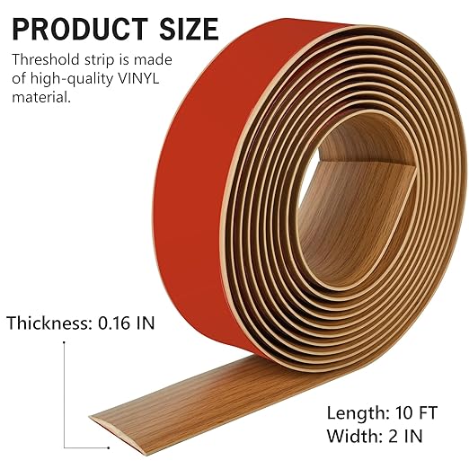 10Ft Floor Transition Strip Self Adhesive Vinyl Cover Floor Strip Flat Divider Transition Strip Wood Grain Design for Laminate Floor Gaps and Doorway Transitions (10Ft x 2 Inch, Light Brown)