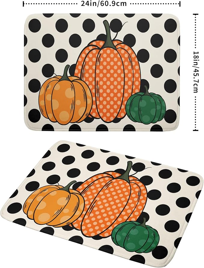 Autumn Pumpkin Dish Drying Mat for Kitchen Counter,Black Round Dot Decoration Drying Mat 18 x 24 Inch with Absorbent Reversible Microfiber Dish Drying Pad Dish Rack Drainer Mat for Coffee Bar