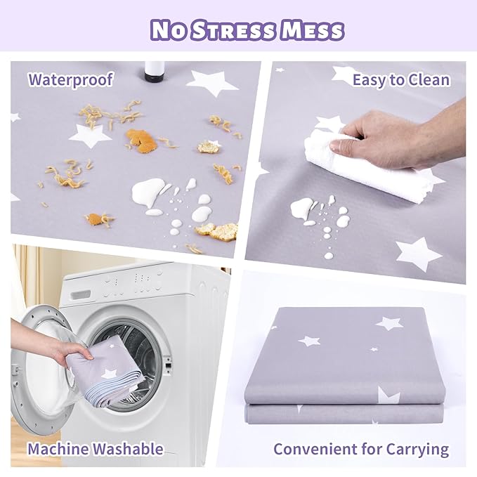DFHY Splat Mat for Under High Chair/Arts/Crafts/Outdoor Picnic Mat, Washable Baby Spill Mat Waterproof Anti-Slip Floor Splash Mat, 51"x 51"Portable Baby Play Mat and Table Cloth-Light Grey Stars