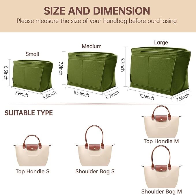 OPPOSHE Purse Organizer Insert for Longchamp Le Pliage, Premium Felt Long Champ Bag Handbag Women, Tote Organizer Insert with 9 Compartments (Medium, Forest Green)