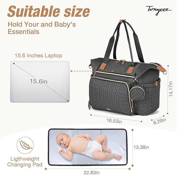 Tonyeee Diaper Bag Tote, Large Baby Diaper Bags Waterproof, Hospital Bag for Labor Delivery with Pacifier Case, Changing Pad, Shoulder Strap, Dark Gray
