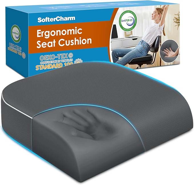 SofterCharm Seat Cushion, Memory Foam Office Chair Cushions for Long Sitting Hours, Chair Pad for Sciatica, Coccyx, Tailbone, Hip Pain & Pressure Relief, Office, Home, Car Seats,Airplane, Gray/X-Large