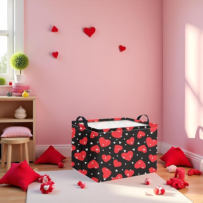 HIYAGON Rectangular Valentines Basket Fabric Storage Bin Storage Boxes Collapsible Storage Basket for Clothes Books Shelves Basket(Black Red Heart)