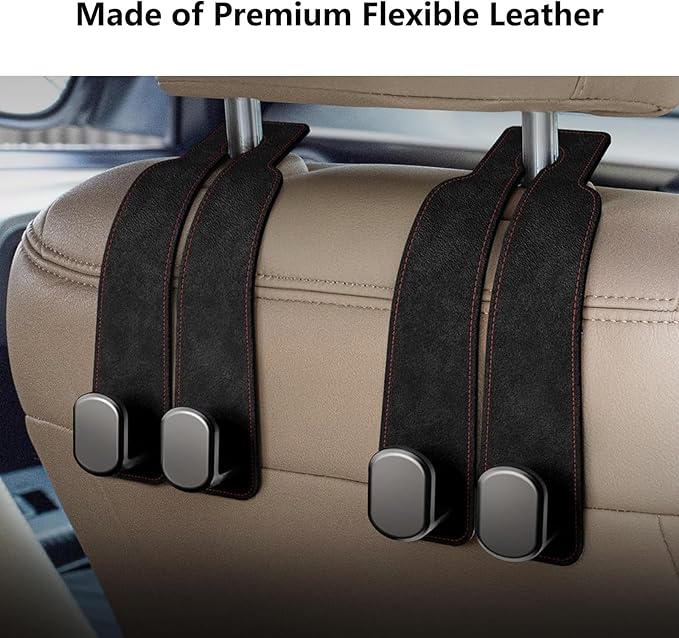 4 Pack Car Seat Back Storage Hooks - Premium Leather Seat Holder for Headrest Purses and Bags (Black)