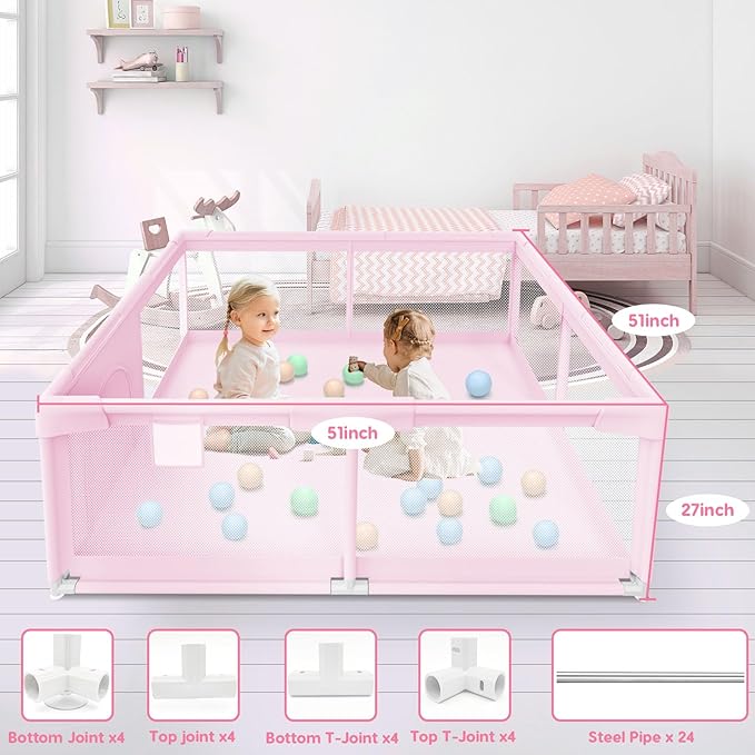 Baby Playpen for Toddler, Playpen for Babies 50" × 50" Baby Fence Playards, Kids Safety Play Pen Area for Indoor & Outdoor (Pink)