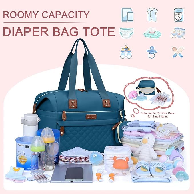 Pritent Diaper Bag Tote - Diaper Baby Bags with Pacifier Case, Shoulder Straps, Stroller Clips, Waterproof Large Mommy Maternity Travel Baby Bag for Mom and Dad, Blue, Medium