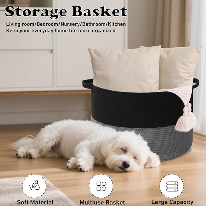 Large Storage Basket with Handle,23.6" x 23.6" x 15.7" Blanket Basket Storage Bins for Organizing,115L Cotton Rope Woven Baskets for Living Room, Nursery,Bedroom,Black&Dark Grey