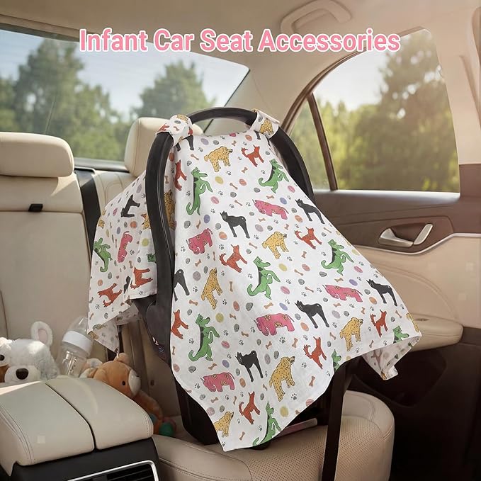 Metplus Car Seat Cover Baby, 100% Muslin Cotton Infant Carseat Covers for Boys and Girls, Lightweight Breathable Canopy, Summer Stroller Sun Shade, Newborn Travel Essentials(Dog)