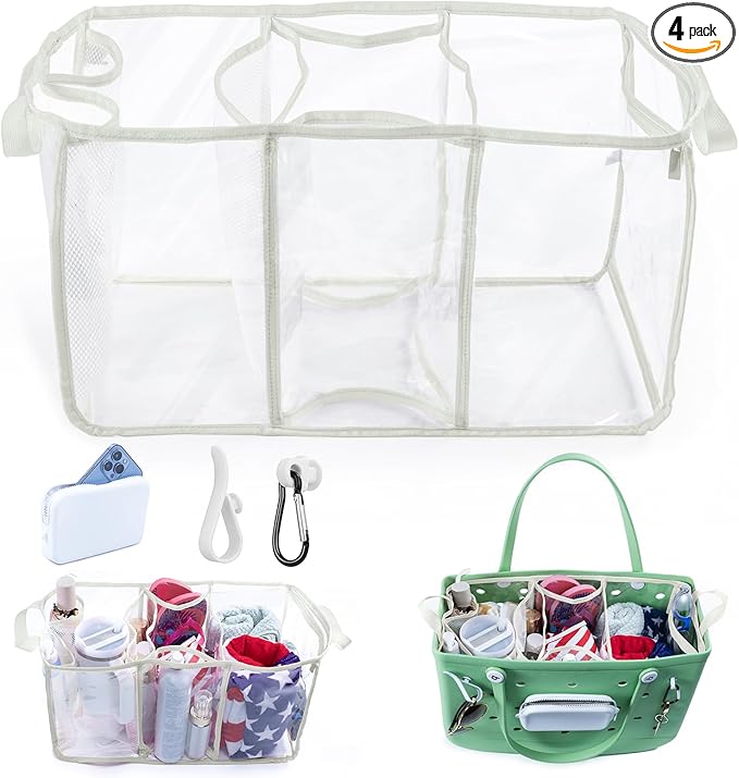 AMOIGEE Clear Beach Bag Organizer Insert with 3pcs Accessories for XL Bogg Bag Inserts - Tote Bag Divider with Sunglasses Holder, Phone Holder and Clips Hooks - Beach Tote Insert Organizer Liner