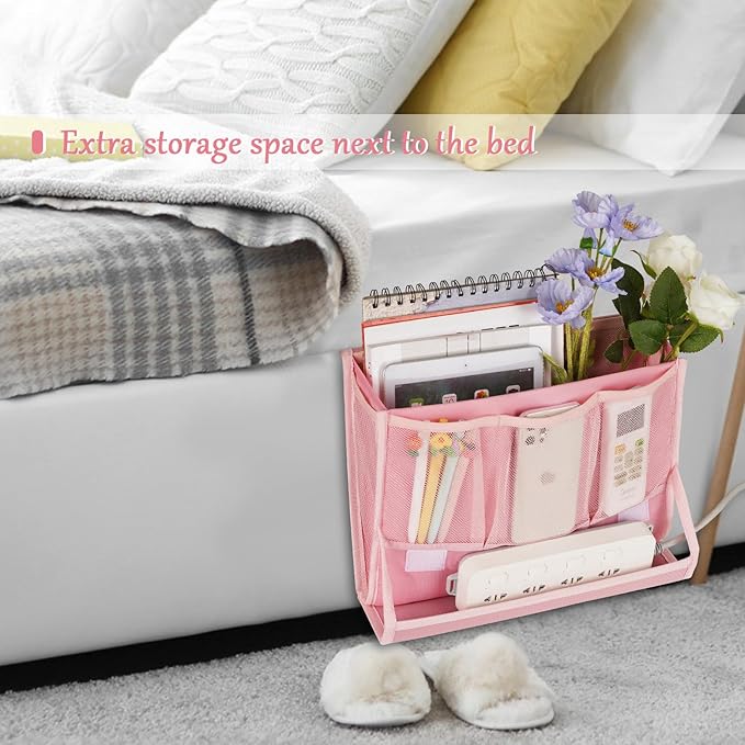 Retyion Bedside Caddy Bedside Storage Organizer Bedside Organizer with Power Strip Holder and 2 Adjustable Straps for Home Bunk Bed Dorm Sofa (Pink)