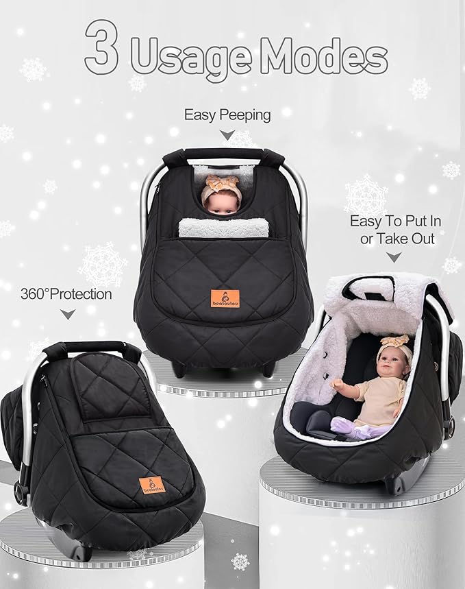 Winter Baby Car Seat Cover, Beatoutou Waterproof Winter Infant Carseat Canopy for Boys Girls, Cold Weather Warm Car Seat Covers for Babies, Keeps Babies Warm and Cozy (Black)