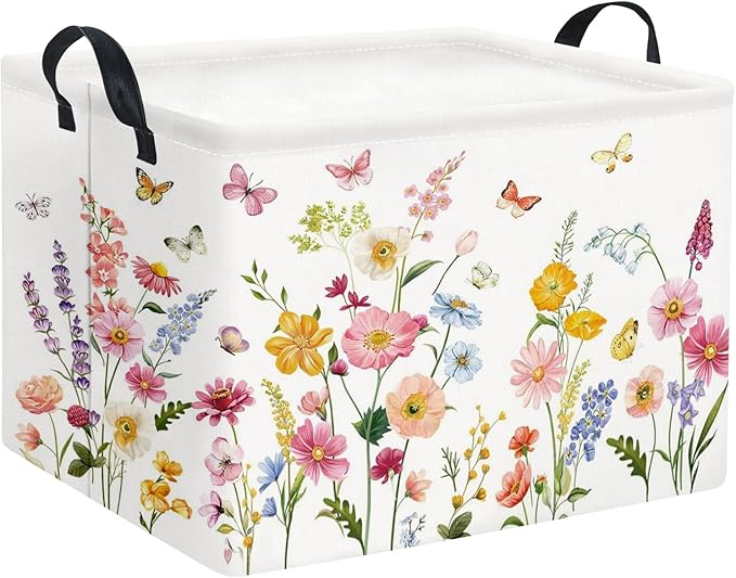 TIBAOLOVER Rectangular Baby Girls Basket Kids Baby Storage Basket Cute Storage Bin Organizer Shelf Book Flower Room Decor(Butterfly Flower)