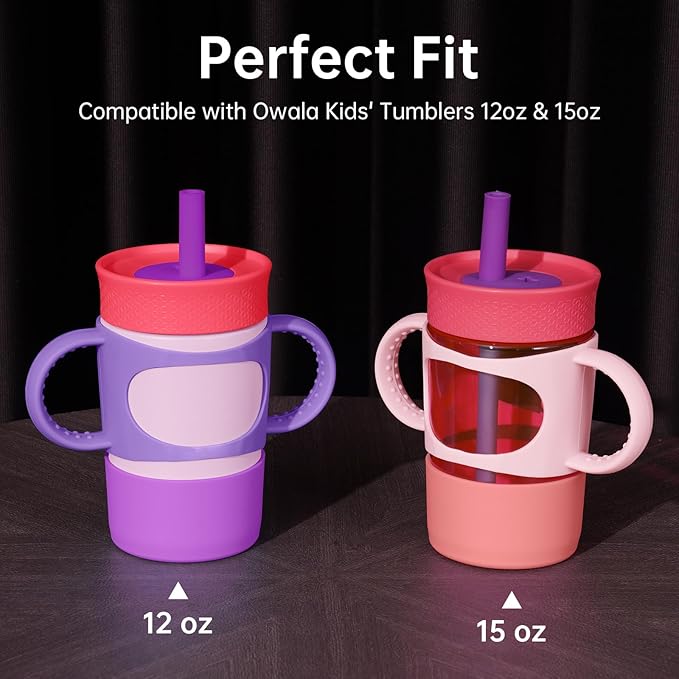NiHome Silicone Double Handle & Boot for Owala Kids’ Tumbler 12oz 15oz, Easy to Install for Toddlers to Grip & Train, Shock-Absorbing Bottom Sleeve Drop Protection, 2Pcs (Pink + Purple)