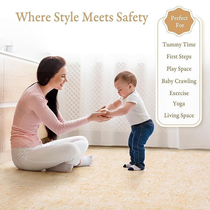 PopsyKosy Premium Baby Floor Play Mat - Extra Thick & Cushioned 1 inch Playroom Foam Mat, Non-Toxic Odorless - 6 Tiles - Spacious 6x4 ft. - Stylish & Large, Waterproof for Kids & Toddlers - Light Apricot