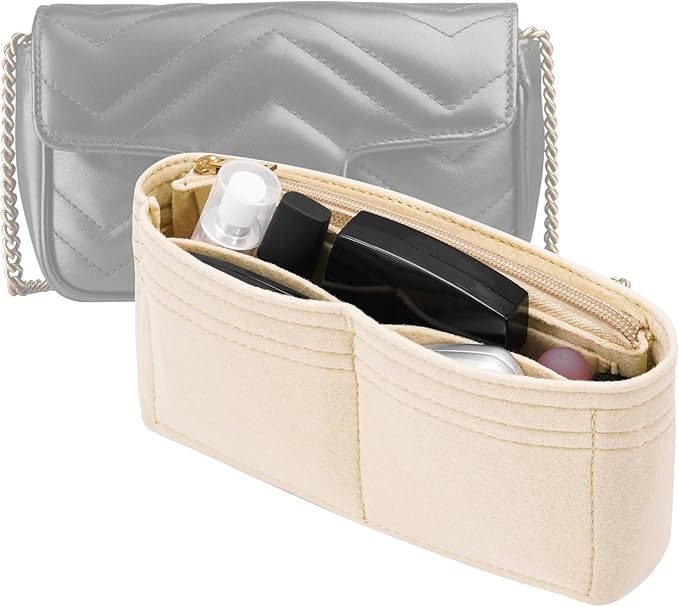 LOUKAYCCI Felt Insert Purse Organizer with Zipper, GG Marmont Matelasse Shoulder Bag Liner Pouch for Women Inner Bladder Storage Bag (Small, Beige)