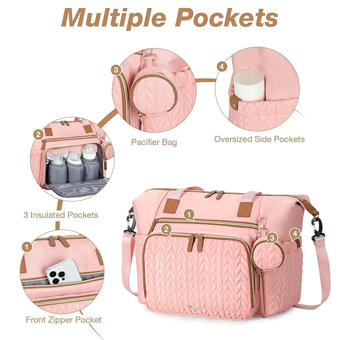 Tonyeee Diaper Bag Tote, Large Diaper Bags Waterproof, Hospital Bag for Labor Delivery, Baby Bag with Pacifier Case, Travel Diaper Tote with Changing Pad, Pink