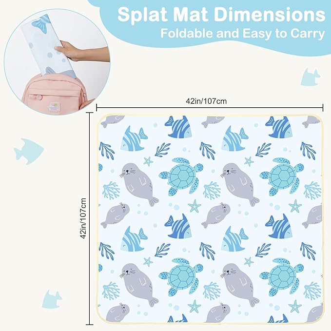 Splat Mat for Under High Chair 42 x 42 Inch Waterproof Baby Splash Mat with Non Slip Bottom Reusable Portable Highchair Mat for Floor Food Catcher for High Chair, Blue Ocean