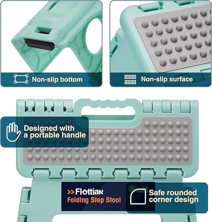 Flottian 18" Folding Step Stool for Adults and Kids Holds Up to 300 lbs,Non-Slip Folding Stools with Handle, Compact Plastic Foldable Step Stool for Bathroom,Bedroom, Kitchen,Teal,1PC