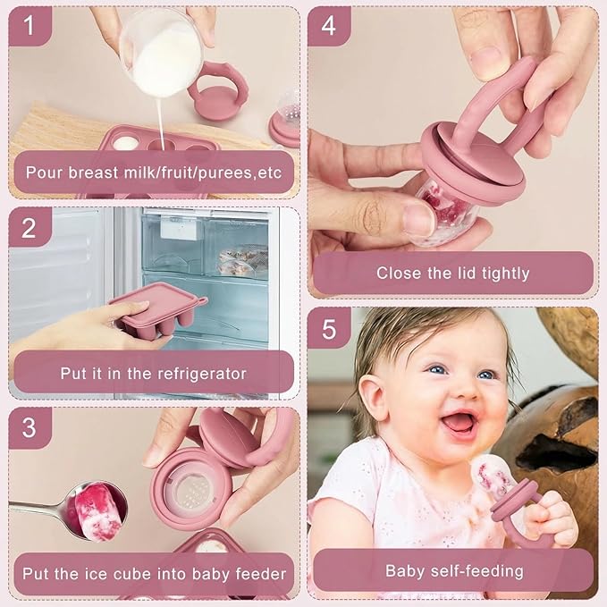 Baby Fruit Food Feeder Breastmilk Popsicle Molds, Silicone Food Freezer Tray for Cooling Teething Relief, Baby Food Feeder for Safe Infant Self Feeding, Includes 3 Extra Food Pacifier