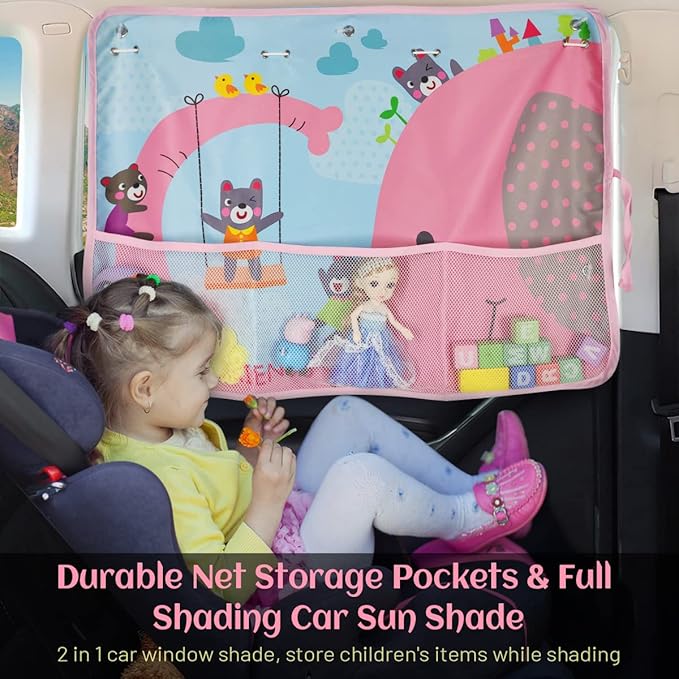 DIZA100 Car Sun Shade for Window Baby, 2 Pack Full Shade Window Shades with Storage Net Pocket, 7 Suction Cups, Cute Elephant for Sun/Heat/UV Rays Protection, Kids