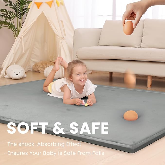 Huloo Sleep Ultra Soft Baby Play Mat for Floor, 1.3" Thick Elasti-Foam 65x50 Play Mat for Playpen,Water-Repellent Coral Velvet for Tummy Time, Non-Slip Backing,Safe for Toddlers & Infants（Dark Grey）
