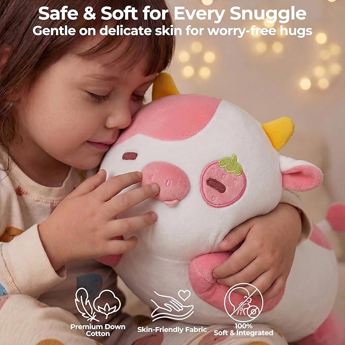 Mewaii Cute Strawberry Cow Plush Pillow, Kawaii Plushies Strawberry Cow Stuffed Animals, Squishy Plushies, Cuddle Plush Pillow for Kids & Girls (13 Inch)